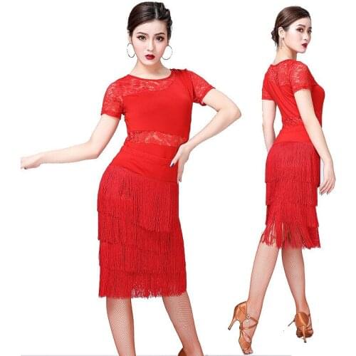 Women Latin Dance Costume milk silk latin dress lady High quality sexy tassel skirt 2/pcs set Short Sleeve top + Fringe skirt