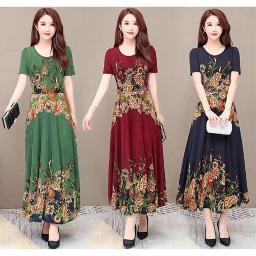 Women Fashion Short Sleeve V-neck Long A-line Floral Club Summer Dresses Plus Size Vestidos Robe Elegant Dress 3398