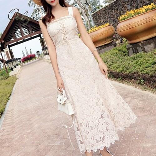 Ordifree 2021 Summer Lace Up Women Long Party Dress Spaghetti Strap Sexy White Lace Maxi Tunic Beach Dress