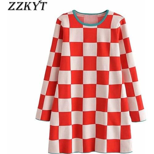 ZZKYT 2021 Women Autumn Fashion Slim Plaid Knitted Mini Dress Vintage O-Neck Long Sleeve Female Party Dresses Chic Vestidos