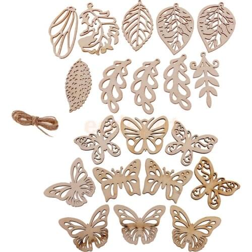 20pcs Natural Leaves Butterfly Wooden Shapes Embellishment Wooden Tags with Hole for DIY Craft Christmas Tree Ornament