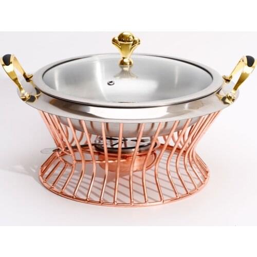 24cm Stainless Steel Hotpot Set Mini Hotpot Pot Holder Tempered Glass Lid Gold Silver Chafing Dish Buffet Pan Food Tray Warmer
