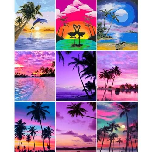 5D Diamond Painting Sea Landscape Cross Stitch Mosaic Coconut Tree Scenery Diamond Embroidery Art Living Room Wall Decoration
