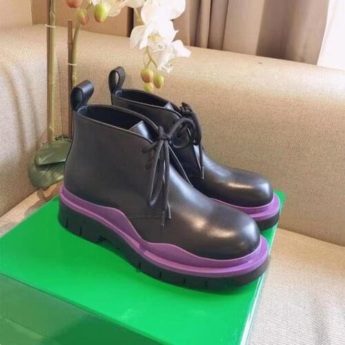 Ankle Boots Women Lace Up Thick Bottom Shoes Lace Up Martin Boots Genuine Leather Mixed Color Luxury Brand Designer Woman Shoes