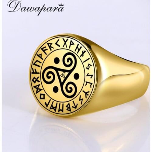 Dawapara Triskele Triple Spiral Triskelion Symbol In Runes Circle Amulet Stainless Steel Ring Occult Magic Pagan Talisman
