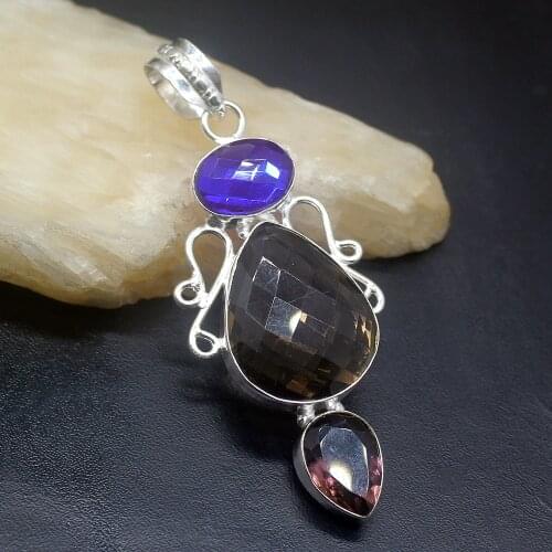 Gemstonefactory Jewelry Big Promotion 925 Silver Smoky Topaz Purple Amethyst Women Ladies Mom Gifts Necklace Pendant 0432