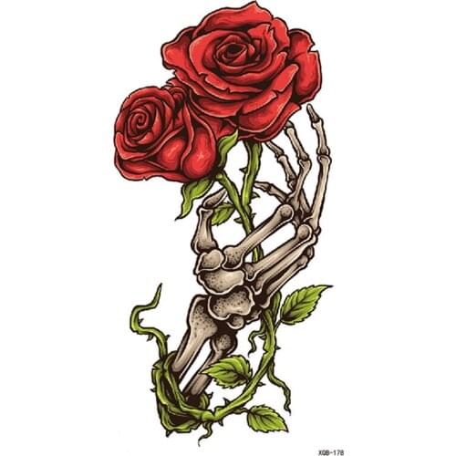 Skeleton Hand Rose Flower Temporary Tattoo for Women Men Big Size Arm Waterproof Tatoo Body Transfer Tatto Fake Tattoos Stickers