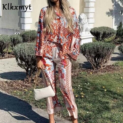 Klkxmyt Za Women 2021 Spring Red Print Shirt Suits 2 Pieces Set Woman Pants Suit High Waist Elegant Ladies Vintage Beach Sets