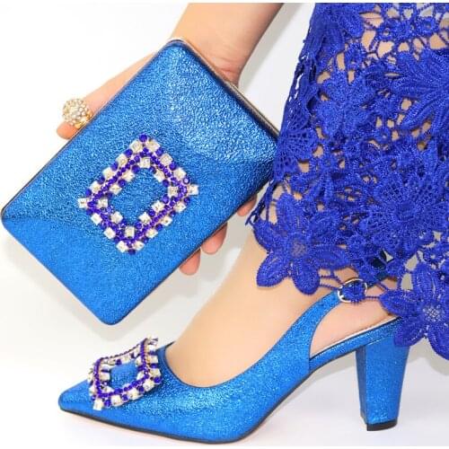 Beautiful blue women pumps with crystal decoration african dress shoes match handbag set CR179,heel 9.3CM