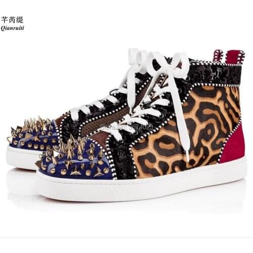 Qianruiti Runway Fashion Men Leopard Prints Spiked High Top Sneakers Mixed Color Flats Lace Up Shoes Stress Casual Sneakers