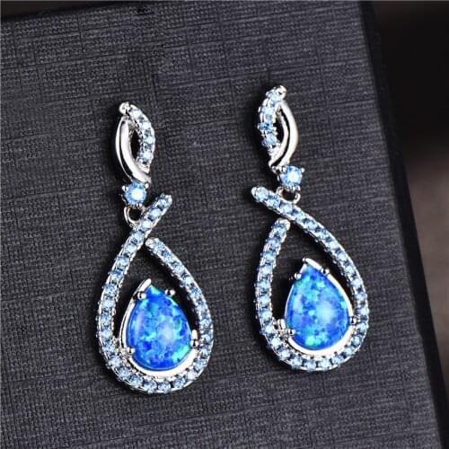 Fashion 925 Sterling Silver Pear Dangle Drop Earrings For Women CZ Mystic Teardrop Stone Blue White Fire Opal Earrings Jewelry