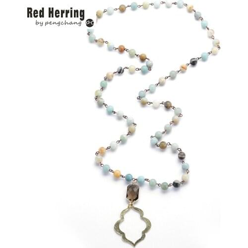 Fashion Amazonite Stones Bohemian Tribal Jewelry Rosary Chain Crystal and Lip Pendant Necklace