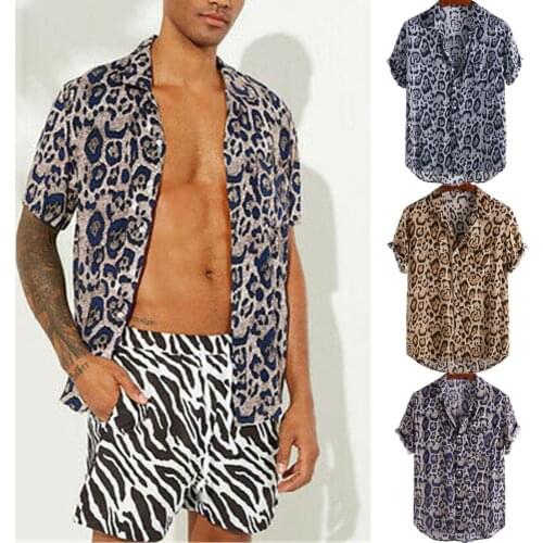 New Summer Short Sleeve Mens Shirt Fashion Print Turn-Down Shirt Casual Leopard Shirt