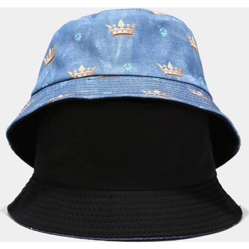 New Crown Print Fisherman Hat Men Women Street Trend Double-sided Bucket Hat Outdoor Joker Sun Protection Hat Unisex Panama Cap