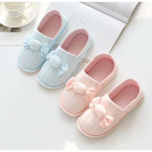 Mntrerm Drop Shipping Flock Bow Slippers Home Spring/Autumn Sides Indoor Breathable House Women Stripe Shoes Blue/Gray/Pink