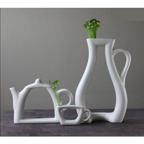 Modern Creative Ceramic Tea Set Shape Vase Decorative Porcelain Art and Craft Embellishment Accessories for Home and Office