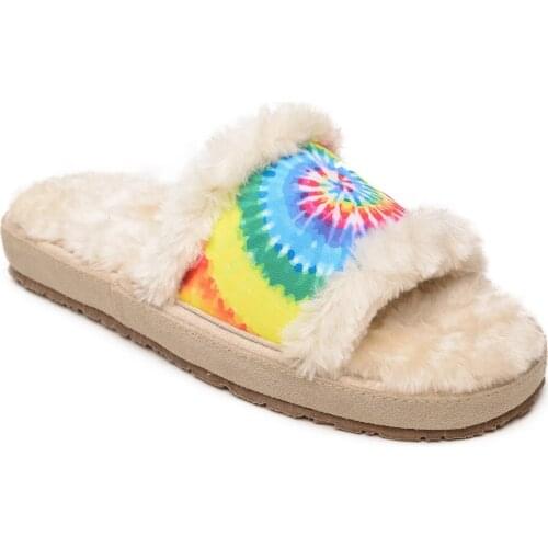 Rainbow Slippers Indoor Women Fur Slippers Soft Furry Slides Thick Flats Non Slip House Shoes Ladies Shoes Womens Slippers