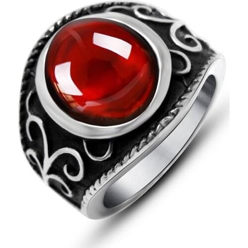Vintage Stainless Steel Gothic Rings for Men And Women Engraved Flowers With Red Garnet Natural Stone Fine Jewellery