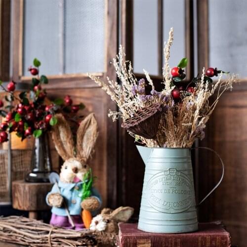 Vintage Water Jug Shaped Grey Iron Flower Can Pot European Home Garden Tabletop Decor Handmade Water Kettle Iron Flower Vase