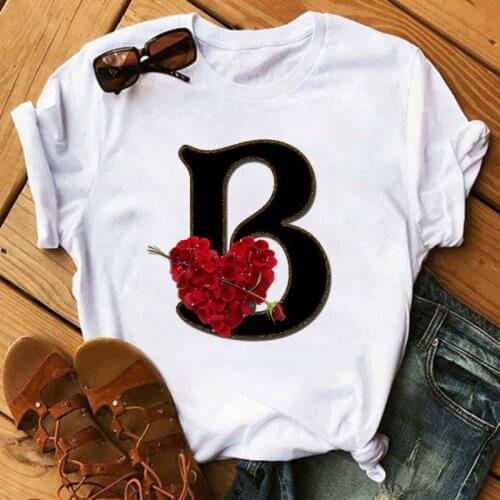 Custom Name Letter Combination Womens High Quality Printing T-shirt Flower Letter Font A B C D E F G Short Sleeve Clothes Femal