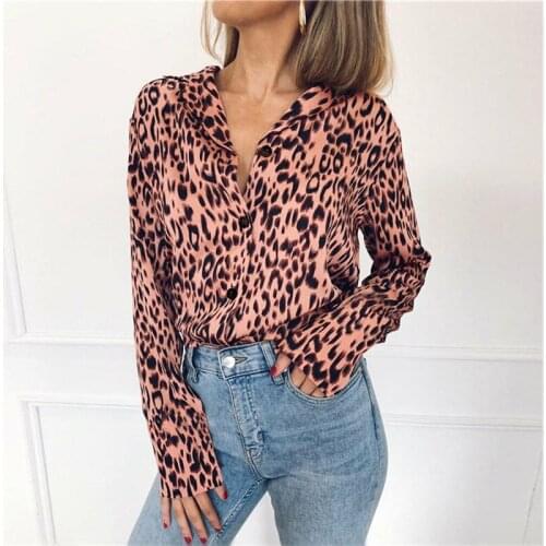 2019 Summer Fashion Women Casual V Neck Leopard Print Shirt Long Sleeve Loose Blouse Ladies Chiffon Shirt Tops Plus Size S-3XL