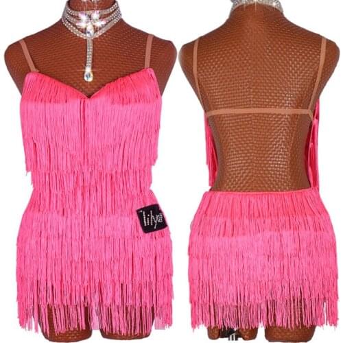 New Sale Latin Dance Dresses Pink Fringed Tassels Skirts Women Girls Club Party Dancer Stage Performance Competition Dress 3903