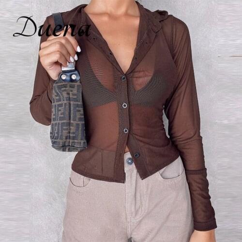 Duena Mesh Crop Top Women Button Up Sexy Slim Club Outfits 2021 Spring Summer Ladies See Through Long Sleeve Brown T Shirt