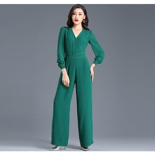 2020 Jumpsuit Rompers for Women Autumn Party Green High Waist V-neck Chiffon High Street Elegant Wide Leg Suit Plus Size 3XL 4XL