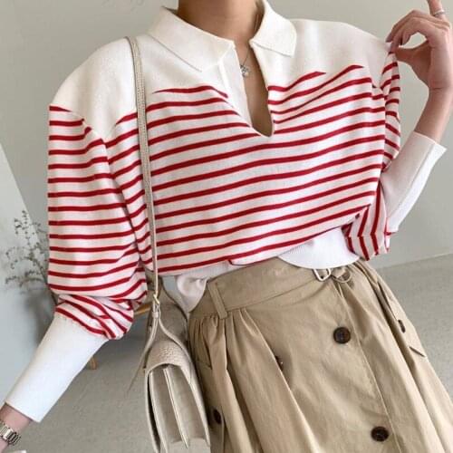 Korean Fashion Autumn Knitted Pullovers For Women Striped Turn-down Collar Sweaters Long Puff Sleeve Jumpers Female Tops S080