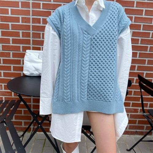 V-neck Sky Blue Knitted Sleeveless Vest for Ladies Elegant Twist Warm Oversize All-match Vest for Winter 2020 Winter Fashion