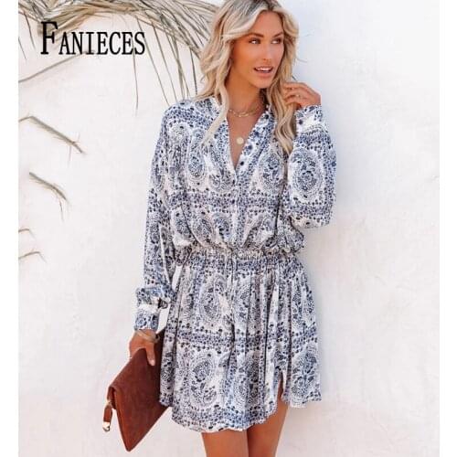 FANIECES Retro Print Mini Dresses Women Autumn Long Sleeve Loose V Neck Bohemia Casual Dress Tie Up Elastic Hight Waist Vestidos