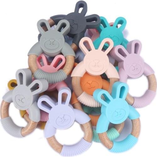1pc Baby Toys Silicone Baby Teether Beech Wooden Ring Hand Teething Rattles Chew Toy for Baby Pacifier Chain Accesories