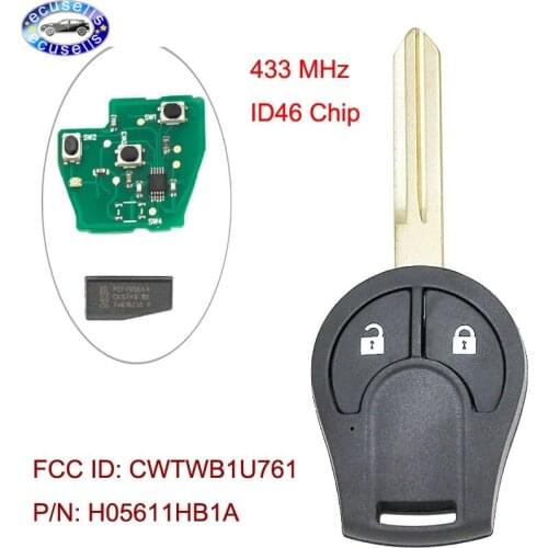 2 Buttons 433Mhz With id46 Chip Remote Key Fob for Nissan Micra K14 2010+ FCC ID:CWTWB1U761 P/N: H05611HB1A