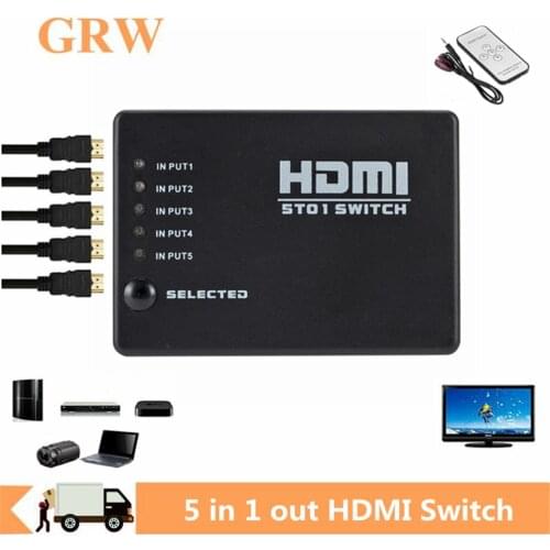 GRWIBEOU 5 Port Video HDMI Switch Selector 5 IN 1 Out Switcher Splitter Hub & IR Remote 1080p For HDTV PS3 DVD