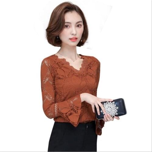 Women Blouses 2019New Arrival Women Short Lace Blouses V-Neck Long Flare Sleeve Shirts Female Slim Sweet Tops Plus Size 3XLQ1219