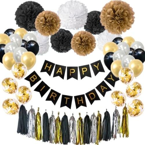 Black Gold Series Party Decoration Balloon Set Happy Birthday Tissue Flower Childrens Birthday Party Supplies Decoration