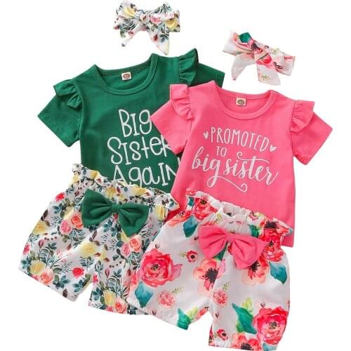 Kid Infant 3 Pieces Kids Suit Set, Letter Print O-Neck Short Sleeve Tops+ Floral Shorts+ Headband for Summer, 18 Months-5 Years