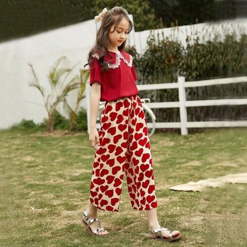 Girls Clothes Sets Summer Red T-shirt+Wide leg Pants 2pcs Suits Outfit Girl Tracksuit Set Children Clothing 6 8 9 10 12 Years