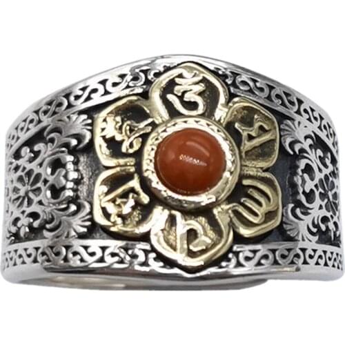 S925 silver Man ring retro six-character mantra inlaid with southern red agate vajra good luck jewelry