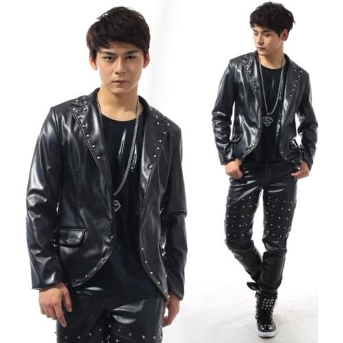 Personality rivets blazer men latest coat designs men suit costume mens motorcycle leather jackets personality stage singer
