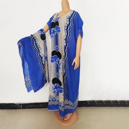 African Dresses For Women 2020 New Embroidered flowers Round neck Short Sleeve Loose Print with scarf Four-colors