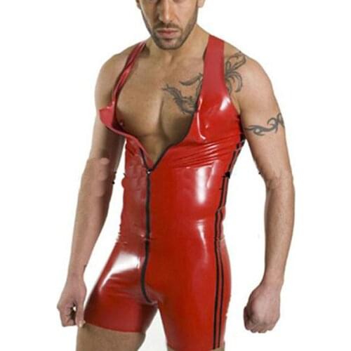Sexy Mens Wet Look PU Leather Sleeveless Zipper Open Front Bodysuit Red One Piece Leather Latex Jumpsuit Costume Lingerie BDSM