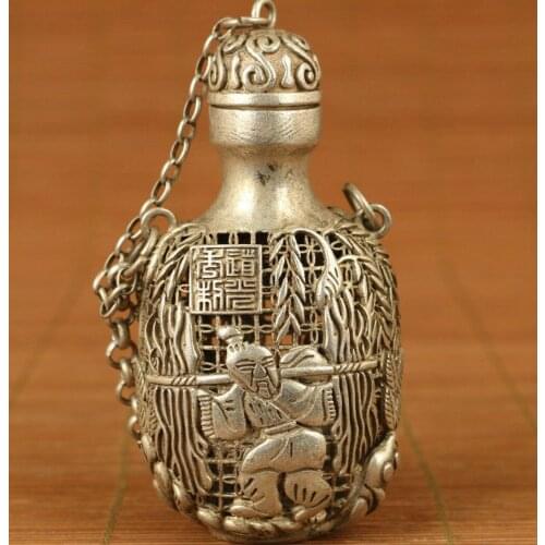 Ancient Tibet Silver Handmade Carved Buddha tree Statue Hollow Snuff Bottle