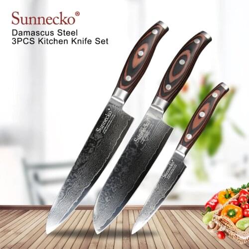 SUNNECKO 3PCS Kitchen Santoku Utility Chef Knife Set 73-Layer Damascus Steel Sharp Pakka Wood Handle X-mas Gift Cutting Tools