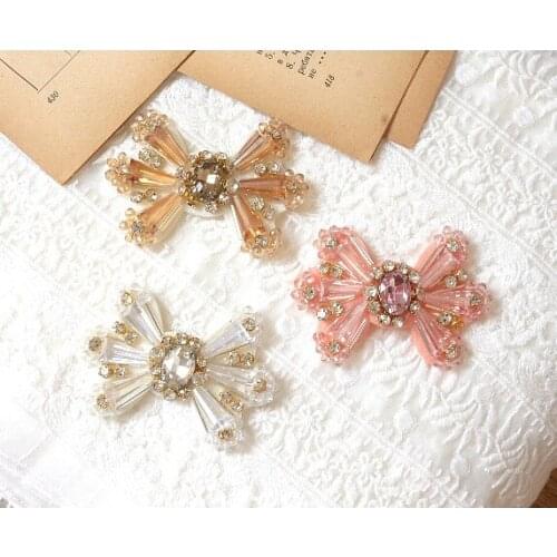 Heavy work crystal beaded hand-sewn decorative cloth applique diy clothes patch paste brooch bow-tie material