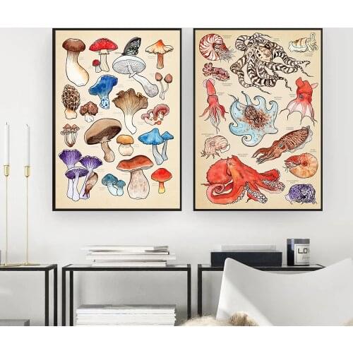 Vintage Mushrooms Seafood Prints Wall Art Abstract Canvas Poster for Home Room Design Frameless Paintings for Interior