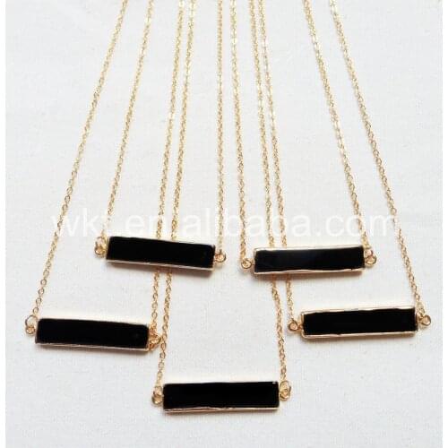 WT-N719 Fashion Double Bails Black at gate necklace natural black stone in 24k gold trim rectangle pendant gold chain necklace
