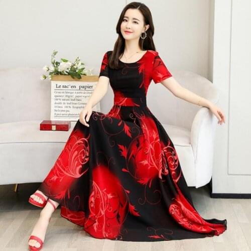 French Short-sleeved Chiffon Dress Printing Party Vestidos 2021 Office Ladies Elegant Women A Line High Waist Dresses