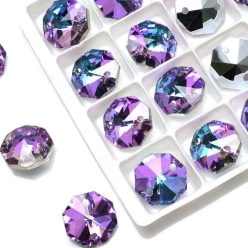 14mm Double hole Button bead Octagon Sew On Glass Crystal stone pointback Rhinestone For Sewing Strass snow boots Button Clothin