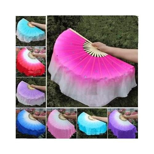 Children 36cm Real Silk Belly Dancing Silk Bamboo Shor Fans Veils Folk Art Chinese Yangko Party Stage Performance Foldable Fan